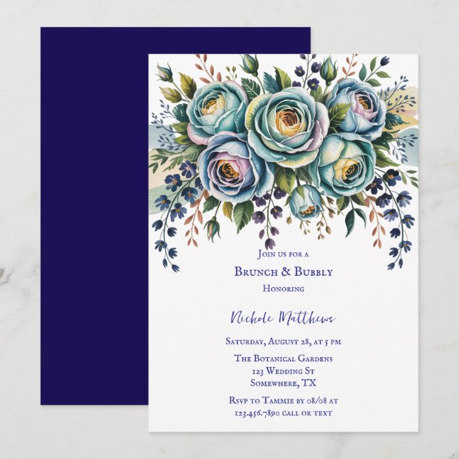 Elegant Blue Turquoise Floral Brunch & Bubbly Invitation (Front/Back)