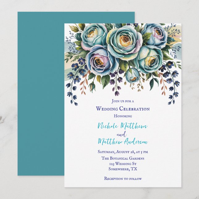Elegant Blue Turquoise Floral Wedding Celebration  Invitation (Front/Back)