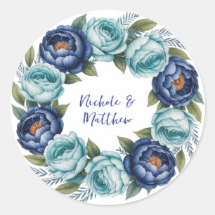 Elegant Blue Turquoise Floral Wedding Classic Round Sticker