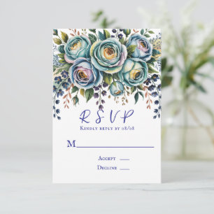 Elegant Blue Turquoise Floral Wedding RSVP Card