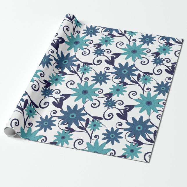 Elegant Blue Turquoise Flower Pattern Wrapping Paper (Unrolled)