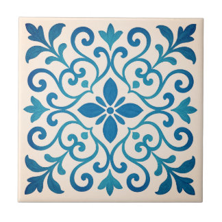 Elegant Blue & Turquoise Mediterranean Floral V2 Tile