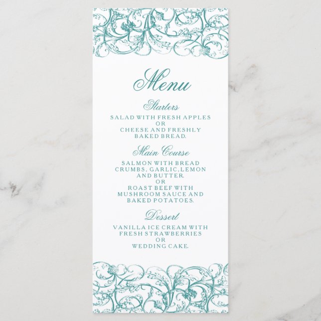 Elegant blue / turquoise swirls wedding menu (Front)