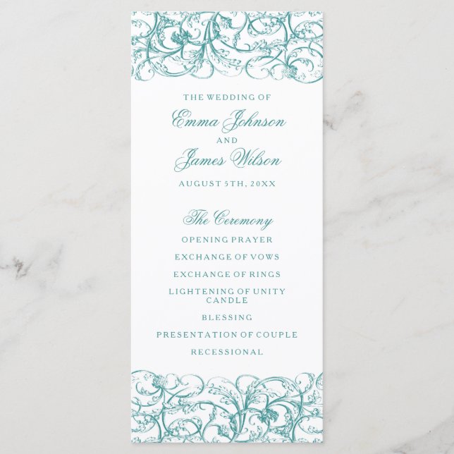 Elegant blue / turquoise swirls wedding program programme (Front)