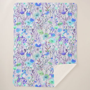 Elegant blue turquoise wildflowers watercolor sherpa blanket