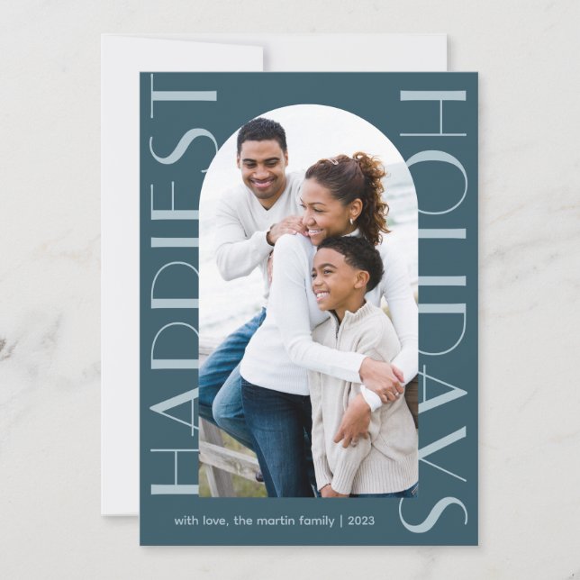 Elegant Blue Two Photo Happiest Holidays Holiday Card (Front)