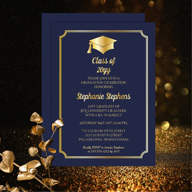 Elegant Blue University Graduation Party Gold  (Elegant Blue College or University Non-Photo Graduation Announcement and Party Foil Invitation)