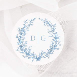 Elegant Blue Victorian Crest Wedding Classic Round Sticker