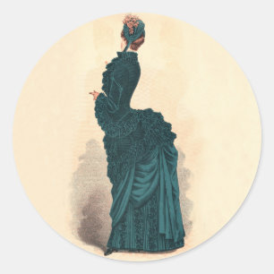 Elegant Blue Victorian Dress Fashion Woman Art Classic Round Sticker