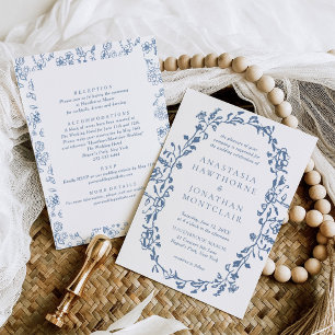 Elegant Blue Victorian Floral All in One Wedding Invitation