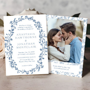 Elegant Blue Victorian Floral Photo Wedding Invitation
