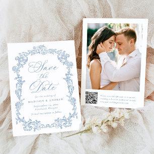 Elegant Blue Victorian Floral QR Code Wedding Save The Date