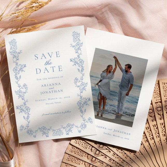 Elegant Blue Victorian Photo Wedding Save The Date (Creator Uploaded)