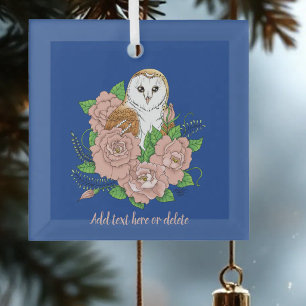 Elegant Blue Vintage Barn Owl Pink Flowers Glass Tree Decoration