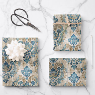 Elegant Blue Vintage Blue Beige Wrapping Paper Sheet