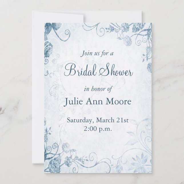 Elegant Blue Vintage Bridal Shower Invitation (Front)
