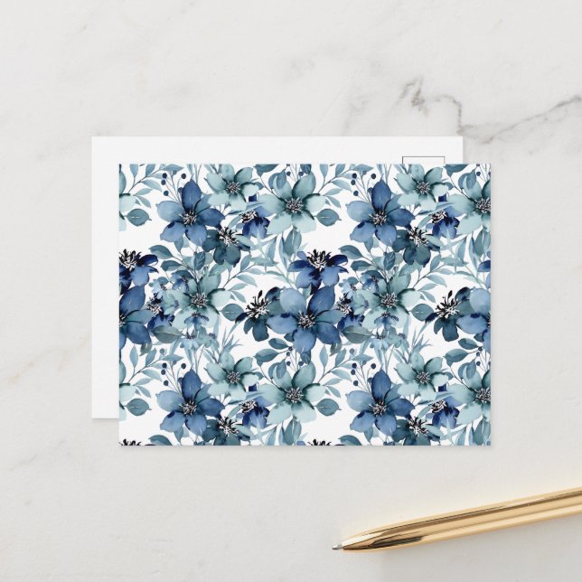 Elegant Blue Vintage Chintz Pattern Postcard (Front/Back In Situ)