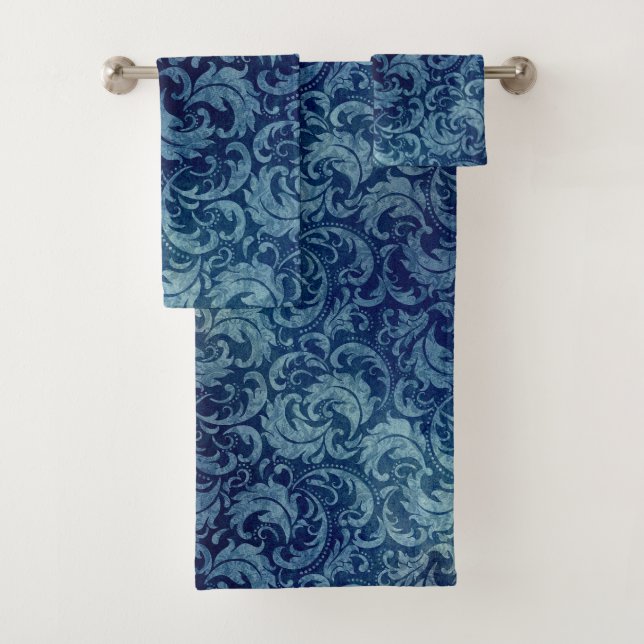 Elegant Blue Vintage Damask Pattern Bath Towel Set (Insitu)