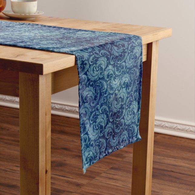 Elegant Blue Vintage Damask Pattern Long Table Runner (In Situ)