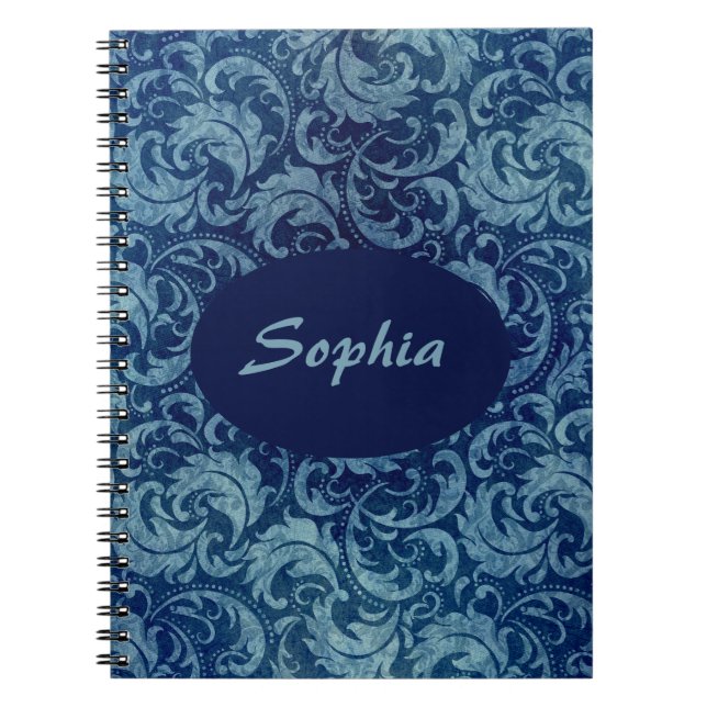 Elegant Blue Vintage Damask Pattern Notebook (Front)