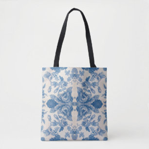 Elegant blue vintage floral tote bag
