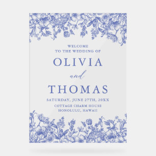 Elegant Blue Vintage Floral Wildflower Wedding Acrylic Sign