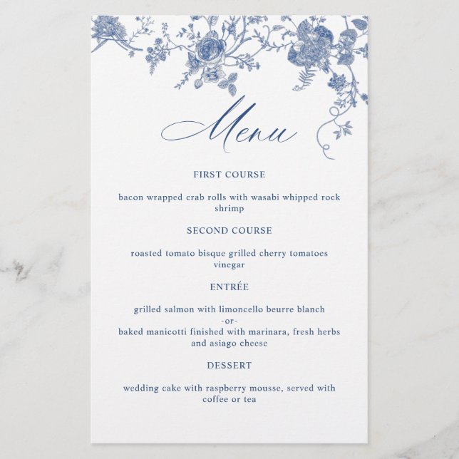 Elegant Blue Vintage Flowers Wedding Dinner Menu (Front)