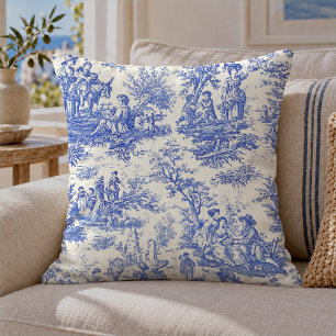 Elegant Blue Vintage French Toile de Jouy Cushion