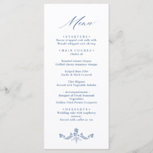 Elegant Blue Vintage Garden Flowers Wedding Dinner Menu