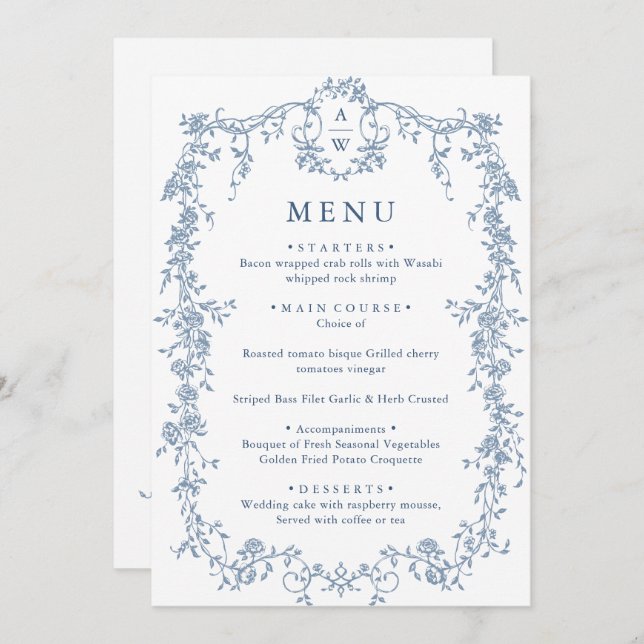 Elegant Blue Vintage Garden Flowers Wedding Dinner Menu (Front/Back)
