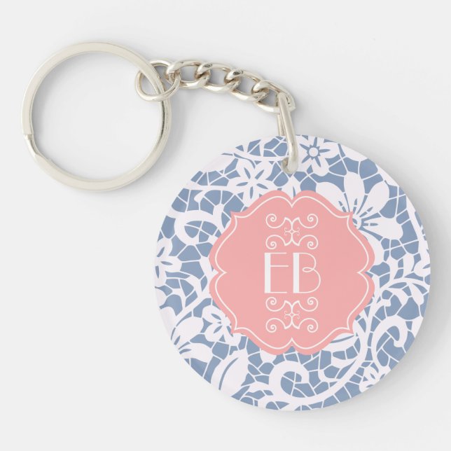 Elegant Blue Vintage Lace Personalised Monogram Key Ring (Front)