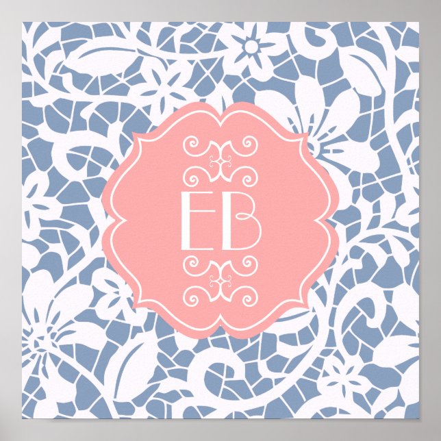 Elegant Blue Vintage Lace Personalised Monogram Poster (Front)