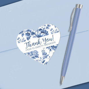 Elegant Blue Vintage Rose Floral Thank You Heart Sticker