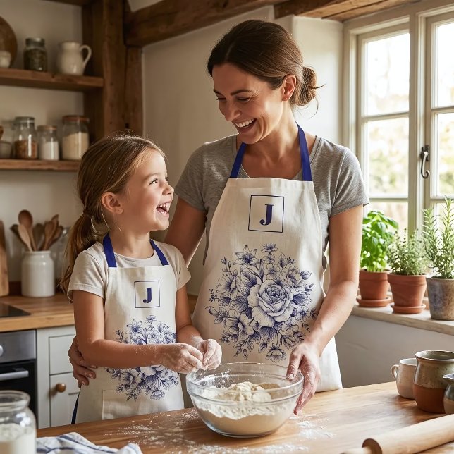 Elegant Blue Vintage Rose Monogram Apron (Creator Uploaded)