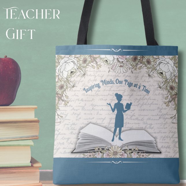 Elegant Blue Vintage Script Teacher Appreciation Tote Bag (Honor the educators who inspire us all with this beautiful and meaningful gift!)