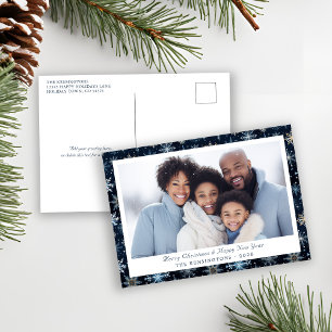 Elegant Blue Vintage Snowflakes Holiday Photo Postcard