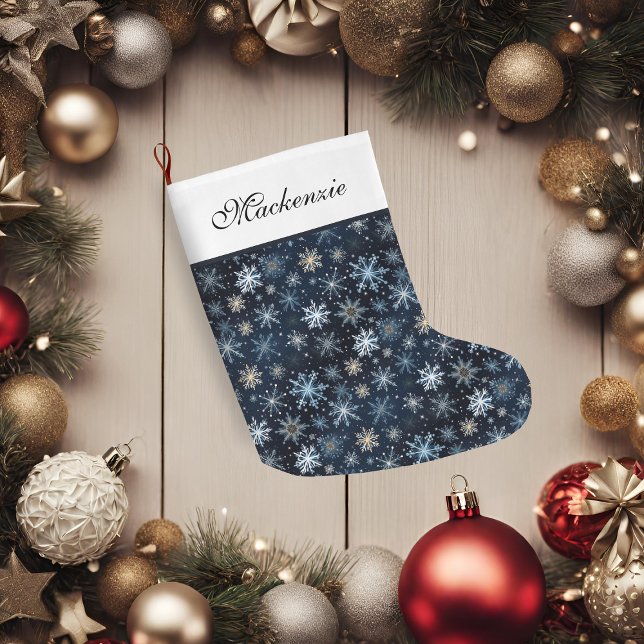 Elegant Blue Vintage Snowflakes Large Christmas Stocking (Elegant Blue Vintage Snowflakes Large Christmas Stocking)
