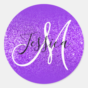 Elegant Blue Violet Ombre Glitter Monogram Classic Round Sticker