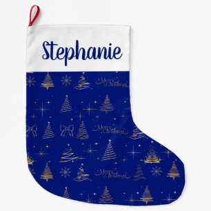 Elegant Blue W/ Gold Christmas Tree Doodles Large Christmas Stocking