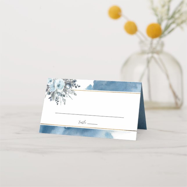 Elegant Blue Watercolor and Blue Floral Place Card (Front)