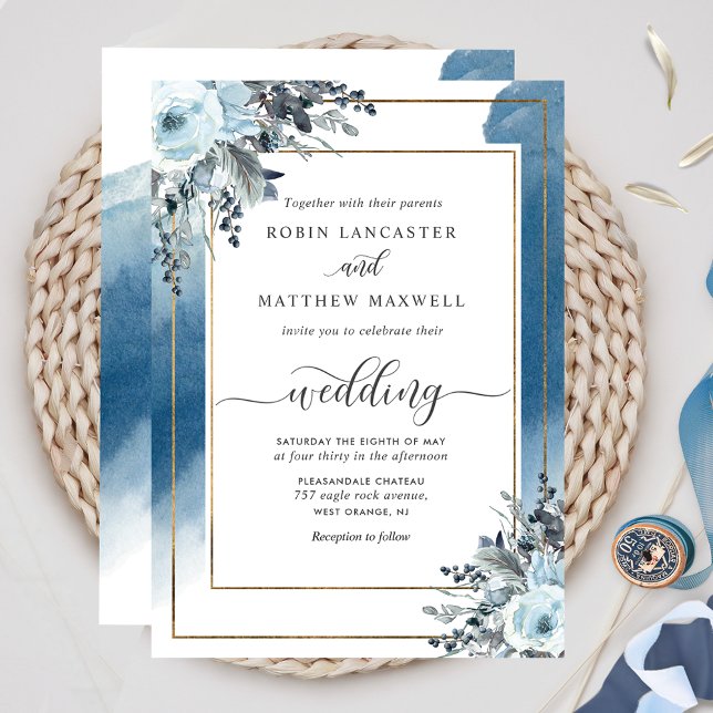Elegant Blue Watercolor and Blue Floral Wedding Invitation (Creator Uploaded)