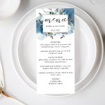 Elegant Blue Watercolor and Floral, Wedding Menu<br><div class="desc">Delight your guests with this elegant Menu card. Set apart design featuring on the top a unique floating blue watercolor stain and floral. Flowers and foliage in dusty blue, navy blue, white, grey and sage tones. Add your own menu information on the front and name(s), or even guest's name on...</div>