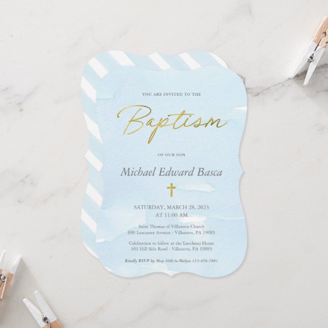 Elegant Blue Watercolor and Gold Baptism Invitatio Invitation (Front/Back In Situ)