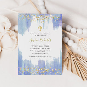 Elegant Blue Watercolor and Gold Baptism Invitation