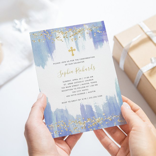 Elegant Blue Watercolor and Gold | Confirmation Invitation (Creator Uploaded)