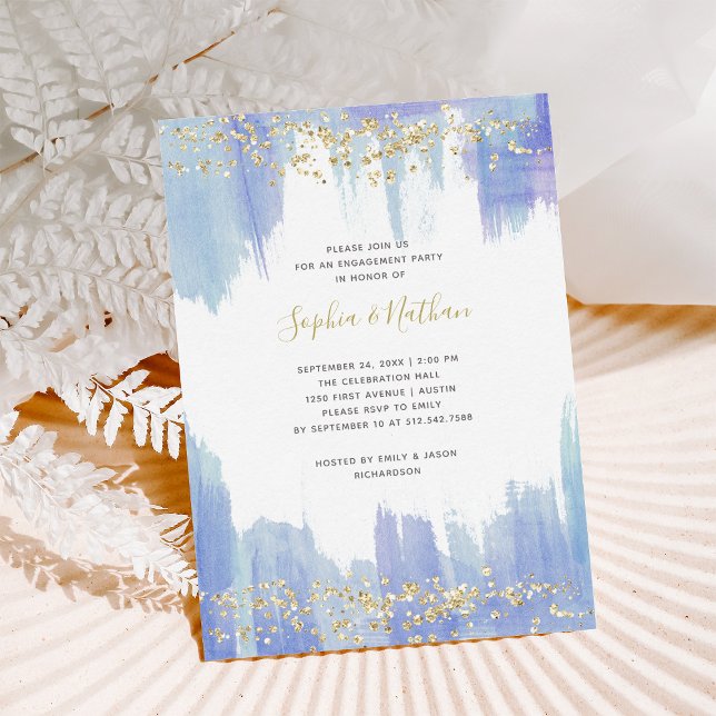 Elegant Blue Watercolor and Gold Engagement Party Invitation (Creator Uploaded)
