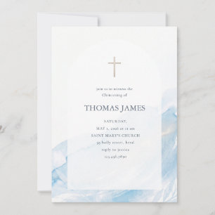 Elegant Blue Watercolor Arch Cross Christening Invitation