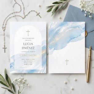 Elegant Blue Watercolor Arch First Communion Invitation