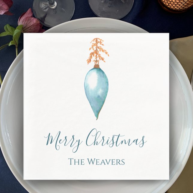 Elegant Blue Watercolor Bauble Custom Christmas Napkin (Personalize this unique blue bauble original watercolor Christmas dinner napkin. 
)