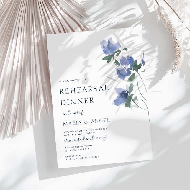 elegant blue watercolor blooms rehearsal dinner invitation (Creator Uploaded)